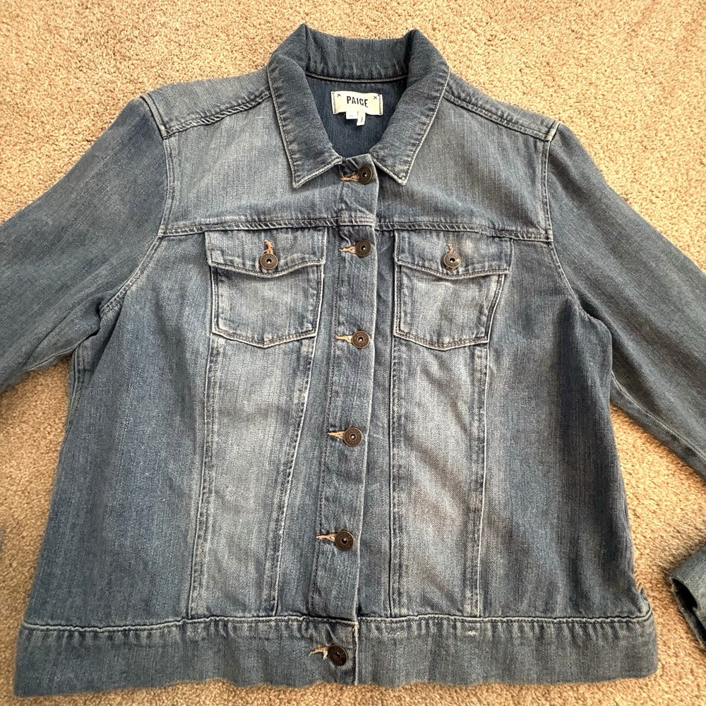 PAIGE Alamar Distressed Jean Jacket Womens XL Blue Denim Stretch Button Front - Picture 3 of 14